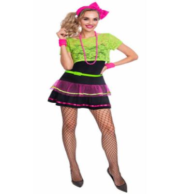 China Neon Polyester 80s Pop Diva Fancy Dress 1980s Costume Disco Queen Ladies Sizes 8-18 for sale