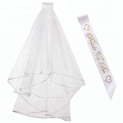 China Bridal Shower / Party Hen Party Accessories Baclelorette Bride To Be Bridal Satin Sash Wedding Veil With Comb 2pcs White CA346 for sale