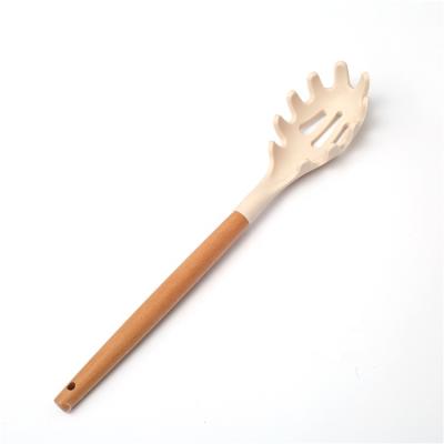 China Non Sustainable Stick Pink Silicone Kitchen Cook Utensils Wooden Handle Silicone Cooking Spatula Spoon for sale