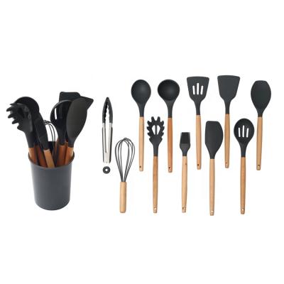 China Sustainable Fashion Design Kitchen Instruments 12 Pcs Silicone Kitchen Set With Wooden Handle for sale