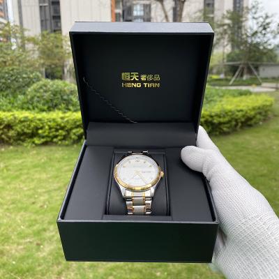 China Custom Watch Case PU Leather Low MOQ Logo Wooden Black Watch Box With Gift Box Packaging Fast Delivery for sale