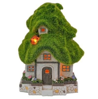 China Europe Flocked Fairy Garden House Statue and Figurine with Solar Lights, Outdoor Resin Cottage Lawn Ornaments for Patio Yard Decoration for sale