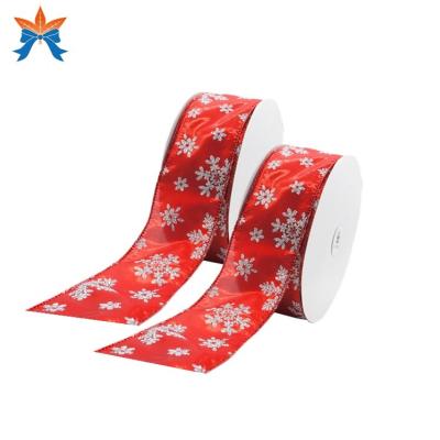 China Wired red metallic with white snowflake wired pattern ribbons for sale