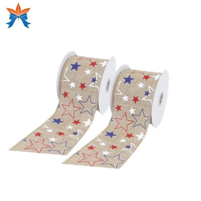 China Independence Day Cable Tan Faux Jute with White, Red and Blue Star Cabled White Ribbon Rolls for sale