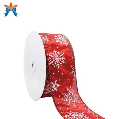 China Red Wired Metallic With Glitter Snowflake Polyester Wired Spot Ribbon for sale