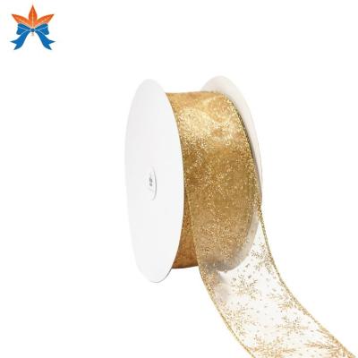 China Gold Cable Organza with Glitter Snowflakes Cable Wrapping Ribbon for sale