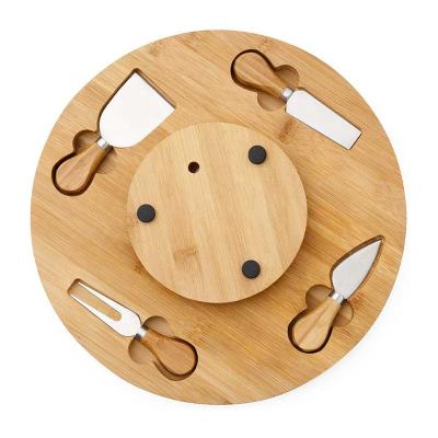 China Sustainable turntable turn bamboo cheese board and cutlery set, includes 4 cheese knives for sale