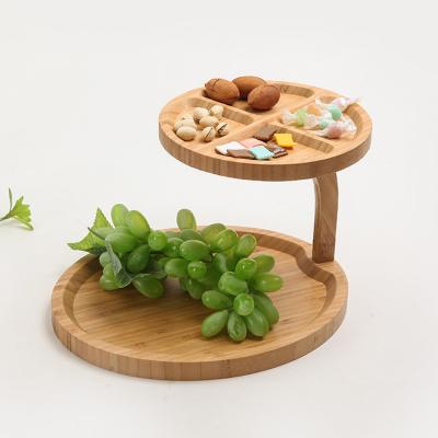 China Popular Stocked Sale 2pcs Bamboo Wooden Cake Fruit Dish With Stand For Afternoon Tea Time for sale