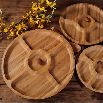 China Customized Bamboo Wooden Round Stocked Serving Tray Dried Fruit Snack Tray with Dividers for sale