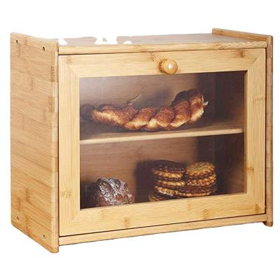 China Eco-Friendly Sustainable Wooden Storage 2 Tier Large Bamboo Bread Storage Box With Transparent Window for sale