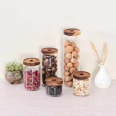 China Food Grade Sustainable Acacia Wood Seal Lid Glass Jar Food Jar Storage Jars Airtight With Bamboo Top Lid for sale