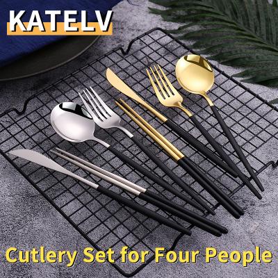 China Europe 12-16 Pcs Gold Black Gold Cutlery Set Korean Dinnerware Gold Set Korean Luxury Stainless Steel Dinnerware Set Spoon Fork Knife Chopsticks for sale