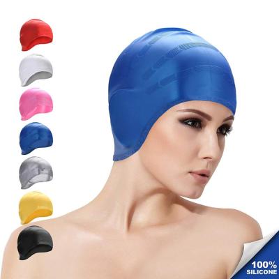 China Convenient Custom Adult and Kids Swim Cap with Hearing Protection Logo Printing Silicone Swim Cap for Long Hair for sale