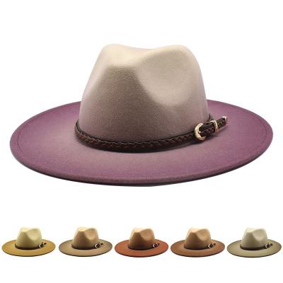 China 2022 Character Wholesale Custom Jazz Fadora Hat Women Men Vintage Felt Wide Brim Hats Ladies Gradient Sombreros Panama Fedora Hat for sale