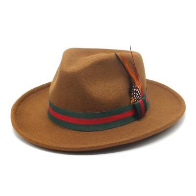 China 2022 Wholesale Custom Fashion Character Wide Brim Fedora Hat With Feather Hat Stiff Band Large For Women Men Unisex Panama Hat for sale