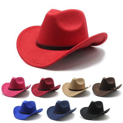 China Custom Character 2022 New High Quality Hot Sale Fashion With Belt Cowboy Hat Vintage Multi Colors Felt Cowboy Hats Women Man for sale