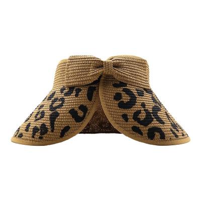 China Barred 2022 Hot Selling Sunshade Leopard Roofless Straw Hats For Women Summer Sunscreen Large Folding Brim Sun Hat for sale