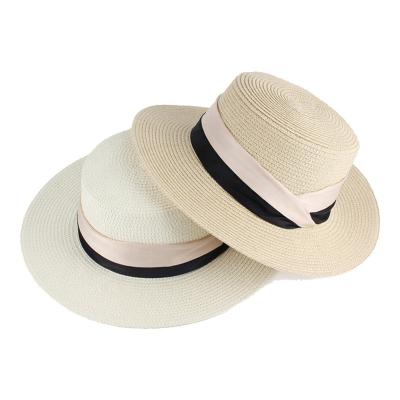 China Barred 2022 Wholesale High QualityTwo-color Stripe Decorative Straw Hats For Women Leisure Outdoor Travel Paper Flat Top Straw Hats for sale