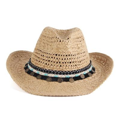 China 2022 Summer Wholesale High Quality Paper Striped Straw Hats With Band Decorative Wide Sunscreen Sun Straw Cowboy Hats For Women Men for sale