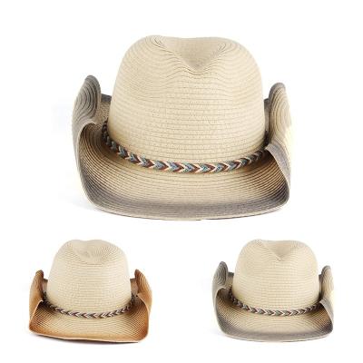 China 2022 Wholesale High Quality Sombrero Cowboy Hat Striped Logo Custom Roll Up Brim Straw Hats For Women Fit Unisex for sale