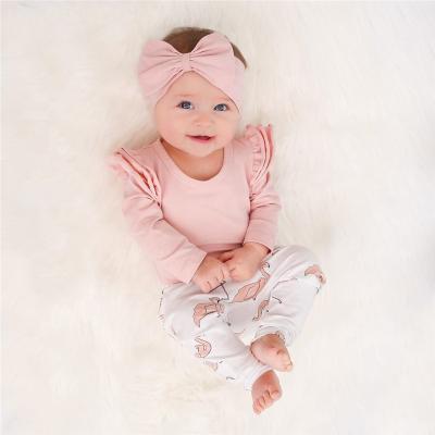 China New Arrival Light Pink Long Sleeve Shirt Flamingo Pattern Anti-Static Pants Baby 3-Piece Set With Headband for sale