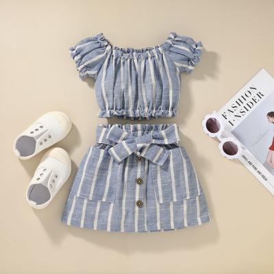 China New Hot Selling ENGLAND STYLE Product Lantern Summer Short Sleeve Newspaper Wear Dark Gray Stripe Pattern Children Girl 2 Piece Skirt Suit for sale