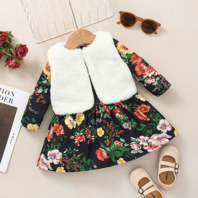 China 100% Polyester Winter Girl Dress Set OEM Clothing Wholesale Floral Print Kids Wear Girl Casual Dresses With Jacket for sale