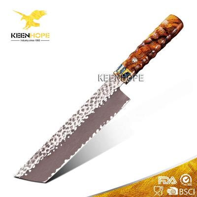 China Viable Handmade Damascus Nakiri Knife 8 Inch Cleaver 3 Layers Hammered Pattern Plated Steel Inlayed USA Stone VG10 Flake Drop Ironwood for sale