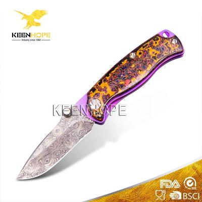 China USA Devin Thomas Fireball Pattern Damascus Titanium Folding Knife Pocket Knife Good Quality Metal Stabilized Lacquer Wood Handle for sale