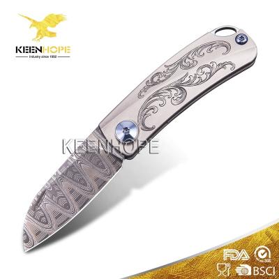 China Viable USA Hand Mike Norris Composite Ladder Pattern Titanium TC4 Damascus Folding Pocket Knife Engraving Roller Flower Pattern Handle for sale