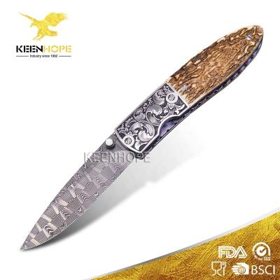 China USA Devin Thomas Basketweave Pattern Hand Engraving Damascus Folding Knife Pocket Knife Viable Antler Handle for sale