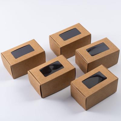 China Recycled Materials Rectangle party favor treats bakery jewelry packaging brown kraft paper boxes with clear window for sale