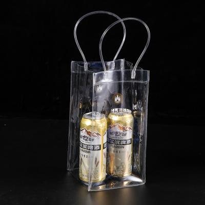 China Clear Recyclable PVC Buckle Handle Plastic Bag PVC Ice Bag For Champagne Stand Up Gift Wine Bottle Packing Bag for sale