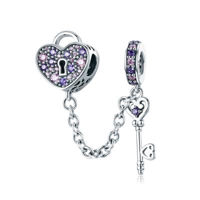 China Popularity 100% 925 Sterling Silver Key Chain CZ Crystal Heart Lock Charms Fit Charm Bracelets And Necklaces Chains Jewelry Making SCC772 for sale