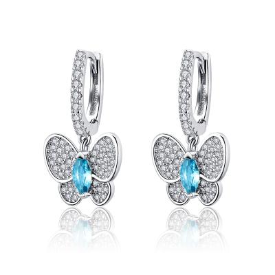 China Popularity 2022 Real 925 Sterling Silver Cute Dazzling Blue Butterfly Drop Earrings For Women Luxury Silver Brand Jewelry Gift SCE513 for sale