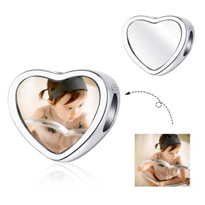 China Popular DIY Photo Heart Beads Real Jewelry Customized 925 Sterling Silver Charms Gift Wedding Pendants Fit Bracelets Making BSC103 for sale