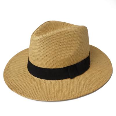 China Dobby Mens Paper Straw Flat Brim Panama Hat Summer Sun Hat With Black Band for sale