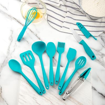 China 10pcs Logo Child Size Small Mini Silicone Viable Custom Heat Resistant Kids Kitchen Utensils Set with Egg Beater and Spatula for sale