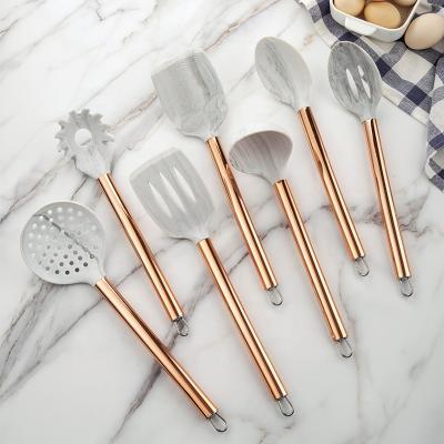 China Non Viable Nordic Stick Rose Gold Marble Silicone Kitchen Tools Copper Cookware Set for sale