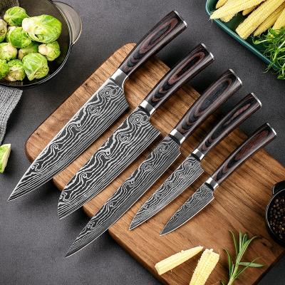 China Sustainable Damascus Laser Patterns Japanese Stainless Steel Kitchen Knives Set With Pakka Color Wood Handle for sale