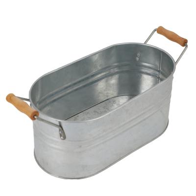 China Factory Hot Sale Stocked Large Custom Oval Galvanized Metal Ice Bucket With Wooden Handle for sale