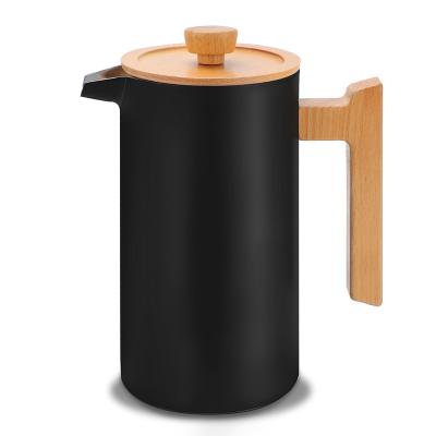 China WITH LID New Design Insulated Double Wall Coffee Pot 800ml 1000ml Black Coffee Maker Stainless Steel French Press With Wooden Handle for sale