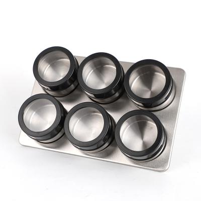 China 6PCS Sustainable SET Magnetic Kitchen Stainless Steel Spice Condiment Serving Rack Jar for sale