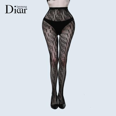 China Breathable Sexy Ladies Clothes Logo Letter Printed Elastic Mesh Sheer High Waist Pantyhose Luxury Nylon Stockings Custom Made Net Pantyhose for sale