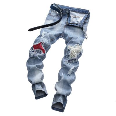 China Sustainable Mens Biker Jeans Ripped Skinny Fit Jeans With Patch On The Knee And Rips Details Individuality Fashion Pants For Mens Jeans for sale