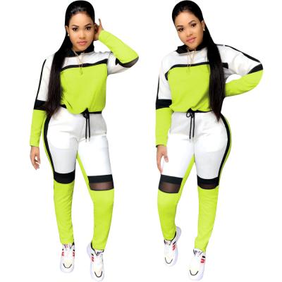 China HIGH STREET Patchwork Casual Net Pocket Color Block Hooded Women's Sweatsuit Pant Set Jogger Top Two Piece Outfits for sale