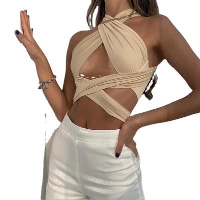 China Women Yoga Gym.Running.Sport Solid Color Front Criss Cross Hollow Out Sleeveless Halter Neck Strapless Backless Crop Top for sale