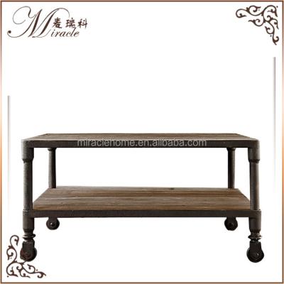 China French Iron Legs Country Style Solid Wood Wooden Coffee Table With Wheels for sale