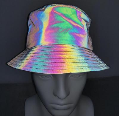 China Custom Character Logo Colorful Rainbow Reflective Luminous Bucket Fisherman Hat for sale