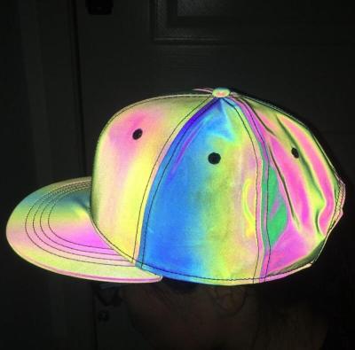 China Waterproof Custom Colorful Rainbow Reflective Luminous Viosr Logo Brim Flat Crest Sports Hat 6 Panel Baseball Cap for sale